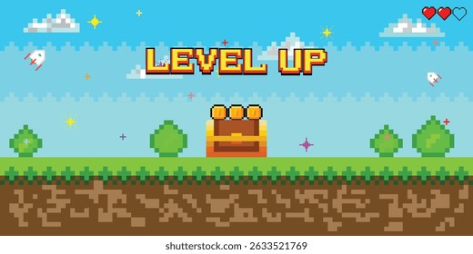 Level up. and treasure chest. Pixel game with screen. Retro 8 bit video game interface natural landscape with blue sky, trees and green grass. Pixelated 8 bit video-game.