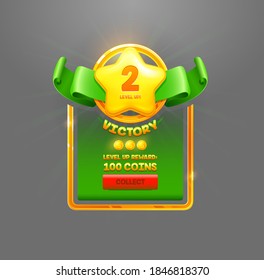 Level up Victory reward cartoon vector. Online game app UI isolated design element. Successful level complete realistic badge. Prize coins collect button. Winner star with wings, ribbon award