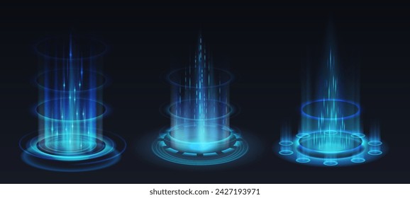 Level up in video-game realistic vector illustration set. Flashing light effects of portals 3d elements on black background. Technology template