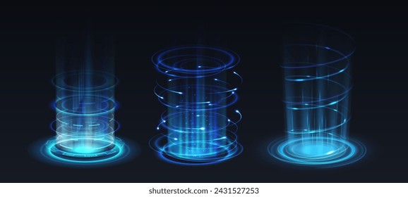 Level up in video-game realistic vector illustration set. Flashing light effects of portals 3d elements on black background. Technology template