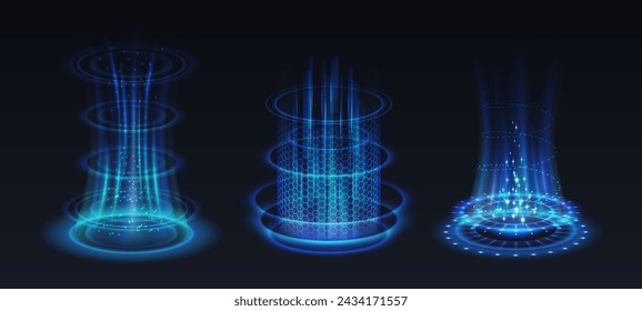 Level up in video-game realistic vector illustration set. Flashing light effects of portals 3d elements on black background. Technology template