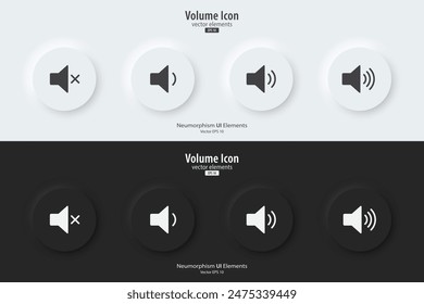 Level volume icon. A set of black and white round buttons with a level volume symbols. 3D icon in trendy neumorphic style for apps, websites, and interfaces. UI UX elements. Vector illustration.