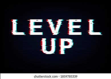 Level Up words in neon glitch style. Grunge noise text. Retro concept game design. Vector illustration