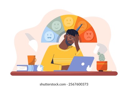 Level of work stress. Tired man with laptop near stress meter. Emoji and feelings. Bad mood, frustration and depression. Poor time management and planning. Flat vector illustration