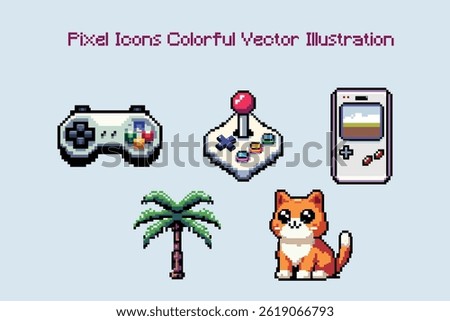 Level up your designs with this colorful pixel icon set! Featuring a retro controller, arcade joystick, handheld console, tropical palm, and a cute pixel cat