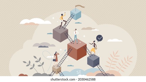 Leveling up and career development with progress stairs tiny person concept. Skills and professional improvement as upward raising steps vector illustration. Climb with aspiration to target or goal.