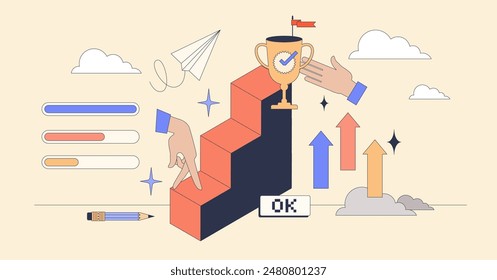 Leveling up for financial success and growth tiny person neubrutalism concept. Rise business ambitions with target for achievements vector illustration. Improving standards for development in future.