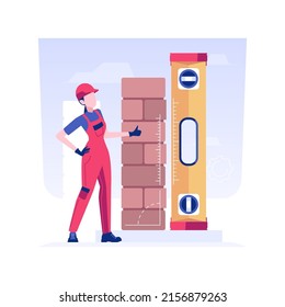 Levelling bricks isolated concept vector illustration. Contractor measuring bricks using construction level, private house building process, brickwork and block work vector concept.