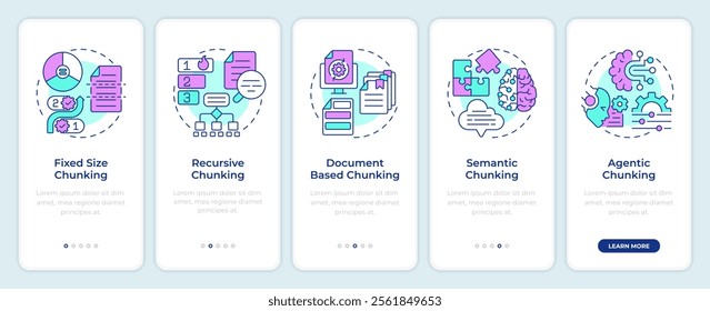 Levels of chunking strategies in RAG onboarding mobile app screen. Walkthrough 5 steps editable graphic instructions with linear concepts. UI, UX, GUI template