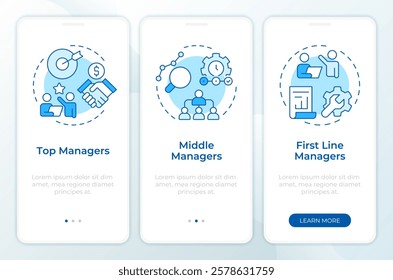 Levels of management blue onboarding mobile app screen. Business. Walkthrough 3 steps editable graphic instructions with linear concepts. UI, UX, GUI template