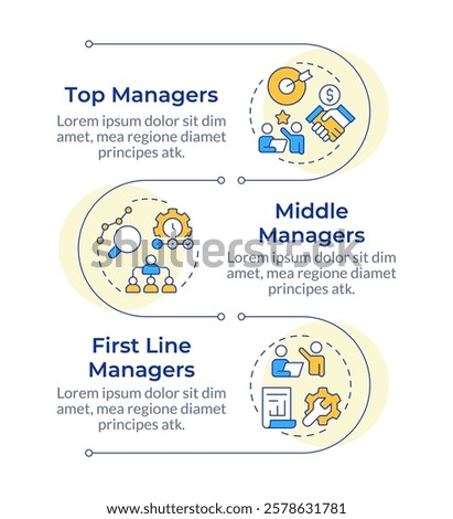 Levels of management infographic vertical sequence. Corporate company workflows regulation. Visualization infochart with 3 steps. Circles workflow