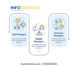 Levels of management rectangle infographic vector. Corporate company workflows regulation. Data visualization with 3 steps. Editable rectangular options chart