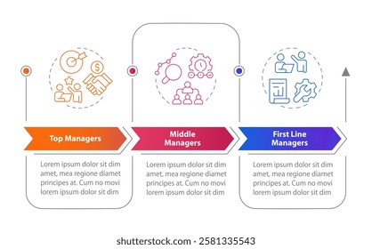 Levels of management rectangular infographics. Corporate company workflows regulation. Visualization template 3 options. Horizontal flowchart with line icons