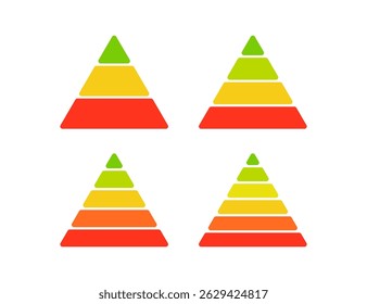 Levels of triangular pyramid. Color triangle pyramid chart. Maslow layer diagram. Development level infographic. Business graph. Vector illustration isolated on white background.