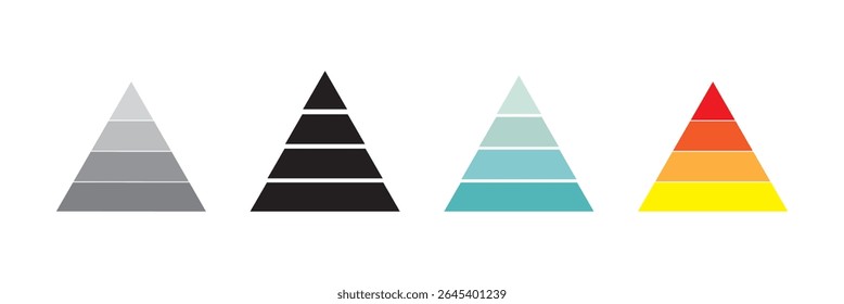 Levels of triangular pyramid. Color triangle pyramid chart. Maslow layer diagram. Development level infographic. Business graph. Vector illustration isolated on white background.