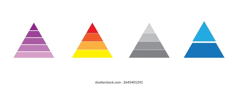 Levels of triangular pyramid. Color triangle pyramid chart. Maslow layer diagram. Development level infographic. Business graph. Vector illustration isolated on white background.