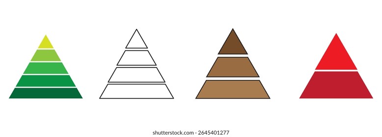 Levels of triangular pyramid. Color triangle pyramid chart. Maslow layer diagram. Development level infographic. Business graph. Vector illustration isolated on white background.