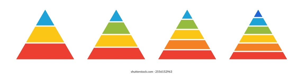 Levels of triangular pyramid. Half triangle pyramid chart. Maslow layer diagram. Development level infographic. Business graph. Vector illustration isolated on white background.