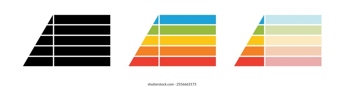 Levels of triangular pyramid. Half triangle pyramid chart. Maslow layer diagram. Development level infographic. Business graph. Vector illustration isolated on white background.