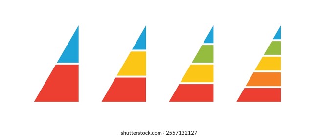 Levels of triangular pyramid. Half triangle pyramid chart. Maslow layer diagram. Development level infographic. Business graph. Vector illustration isolated on white background.