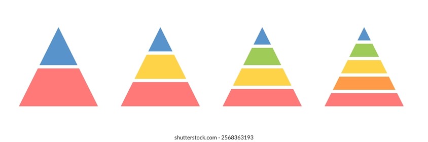 Levels of triangular pyramid. Half triangle pyramid chart. Maslow layer diagram. Development level infographic. Business graph. Vector illustration isolated on white background.