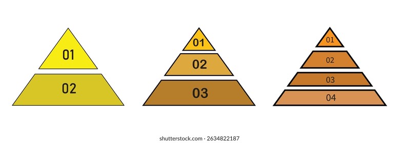 Níveis da pirâmide triangular. Gráfico de pirâmide de meio triângulo. Conjunto de ícones infográficos da pirâmide. Coleção de segmentos de dados da hierarquia de triângulos. Conceito comercial. Ilustração vetorial. Arquivo Eps 92.