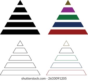 Níveis do conjunto de ícones da pirâmide triangular. Coleção de gráficos de pirâmide triangular. Diagrama de camada maslow. Infográfico de nível de desenvolvimento. Gráfico de negócios. Ilustração vetorial isolada no plano de fundo transparente.