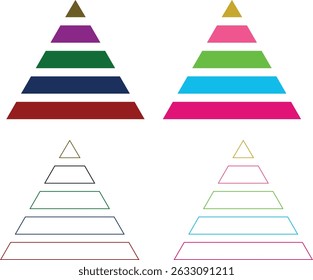 Níveis do conjunto de ícones da pirâmide triangular. Coleção de gráficos de pirâmide triangular. Diagrama de camada maslow. Infográfico de nível de desenvolvimento. Gráfico de negócios. Ilustração vetorial isolada no plano de fundo transparente.