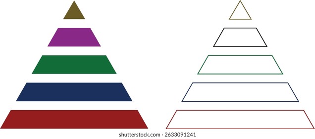 Levels of triangular pyramid icon set. Triangle pyramid chart collection. Maslow layer diagram. Development level infographic. Business graph. Vector illustration isolated on transparent background.