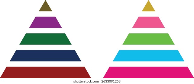 Levels of triangular pyramid icon set. Triangle pyramid chart collection. Maslow layer diagram. Development level infographic. Business graph. Vector illustration isolated on transparent background.