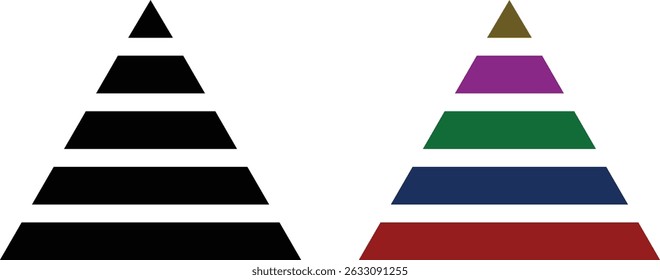 Níveis do conjunto de ícones da pirâmide triangular. Coleção de gráficos de pirâmide triangular. Diagrama de camada maslow. Infográfico de nível de desenvolvimento. Gráfico de negócios. Ilustração vetorial isolada no plano de fundo transparente.