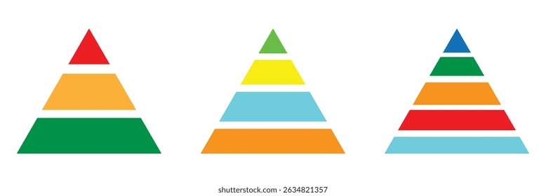 Níveis da pirâmide triangular. Conjunto infográfico de pirâmide. Coleção de segmentos de dados da hierarquia de triângulos. Conceito comercial. Gráfico de pirâmide de meio triângulo. Ilustração vetorial. Arquivo Eps 91.