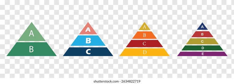 Níveis da pirâmide triangular. Conjunto infográfico de pirâmide. Conceito comercial. Coleção de segmentos de dados da hierarquia de triângulos. Gráfico de pirâmide de meio triângulo. Ilustração vetorial. Arquivo Eps 90.