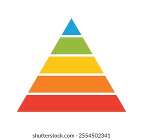 Levels of triangular pyramid. Triangle pyramid chart. Maslow layer diagram. Development level infographic. Business graph. Vector illustration isolated on white background.