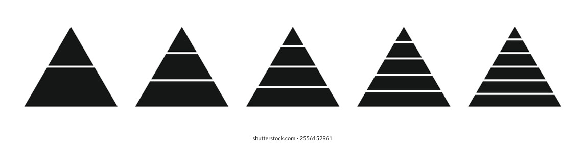 Levels of triangular pyramid. Triangle pyramid chart. Maslow layer diagram. Development level infographic. Business graph. Vector illustration isolated on white background.