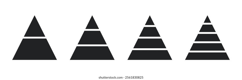 Levels of triangular pyramid. Triangle pyramid chart. Maslow layer diagram. Development level infographic. Business graph. Vector illustration isolated on white background.