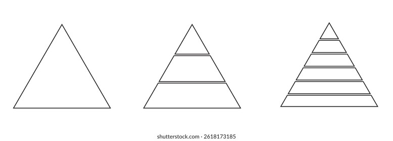 Levels of triangular pyramid. Triangle pyramid chart. Maslow layer diagram. Development level infographic. Business graph.
