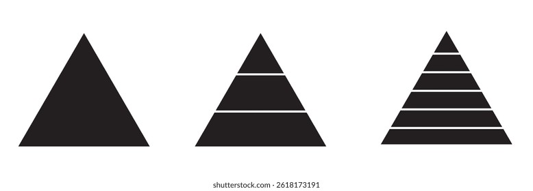 Levels of triangular pyramid. Triangle pyramid chart. Maslow layer diagram. Development level infographic. Business graph.
