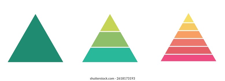 Levels of triangular pyramid. Triangle pyramid chart. Maslow layer diagram. Development level infographic. Business graph.