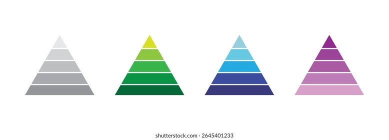Levels of triangular pyramid. Triangle pyramid chart. Maslow layer diagram. Development level infographic. Business graph. Vector illustration isolated on white background.