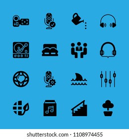 levels, turntable, double bed, meeting, camcorder, microphone, ecology, stairs and music album vector icon. Simple icons set