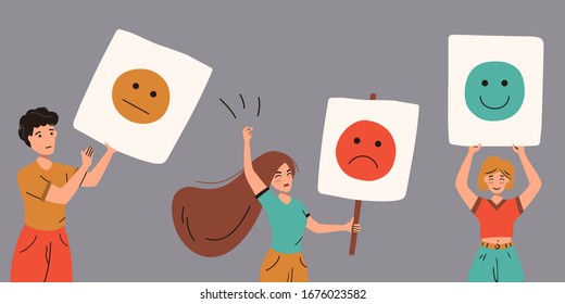Levels of user satisfaction: good, neutral, bad. People show their emotions in public. Customer experience concept. Vector flat illustration isolated on white background.