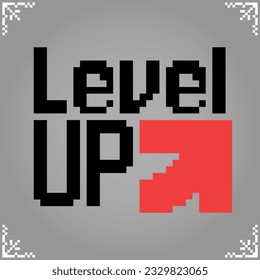 Level-up icon in 8 bit pixel art. Show fonts for retro games in vector illustrations.