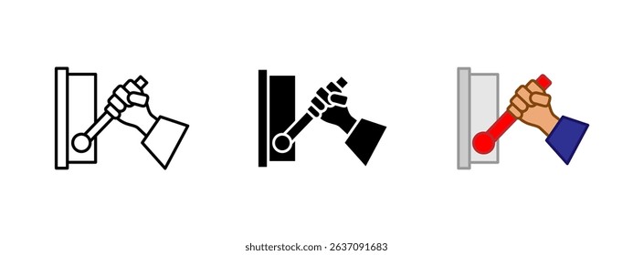 Lever icon. Human hand gripping and pulling a mechanical control lever vector illustration. Emergency power shut-off or machinery activation symbol. Manual control action sign. Safety tool pictogram.