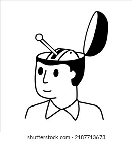 Lever in man head. Psychological concept of switching problems, emotions and productive state. Mechanical handbrake in person mind. Outline cartoon