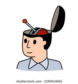 Lever in man head. Psychological concept of switching problems, emotions and productive state. Mechanical handbrake in person mind. Outline cartoon