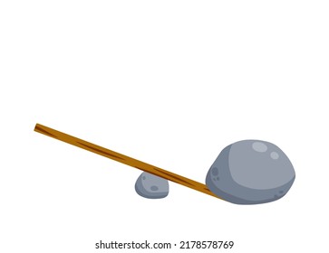 Lever of stick with stone. Lifting heavy cobblestone. Moving the boulder. Balancing and leverage. Flat cartoon