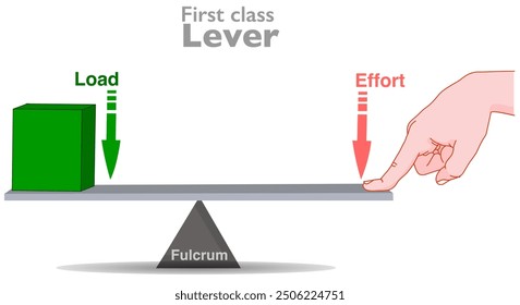 Sistemas de palanca, primera clase. Locación del punto de apoyo, la fuerza de esfuerzo, la carga. Prensa de mano, pivote. Ejemplo, máquinas simples, apalancar el cubo verde equilibrado. Vector de ilustración