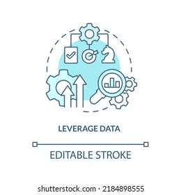 Leverage Data Turquoise Concept Icon. Improve Visibility. Supply Chain Priority Abstract Idea Thin Line Illustration. Isolated Outline Drawing. Editable Stroke. Arial, Myriad Pro-Bold Fonts Used