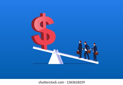 Leverage principle, three businessmen stand on the seesaw to raise the dollar